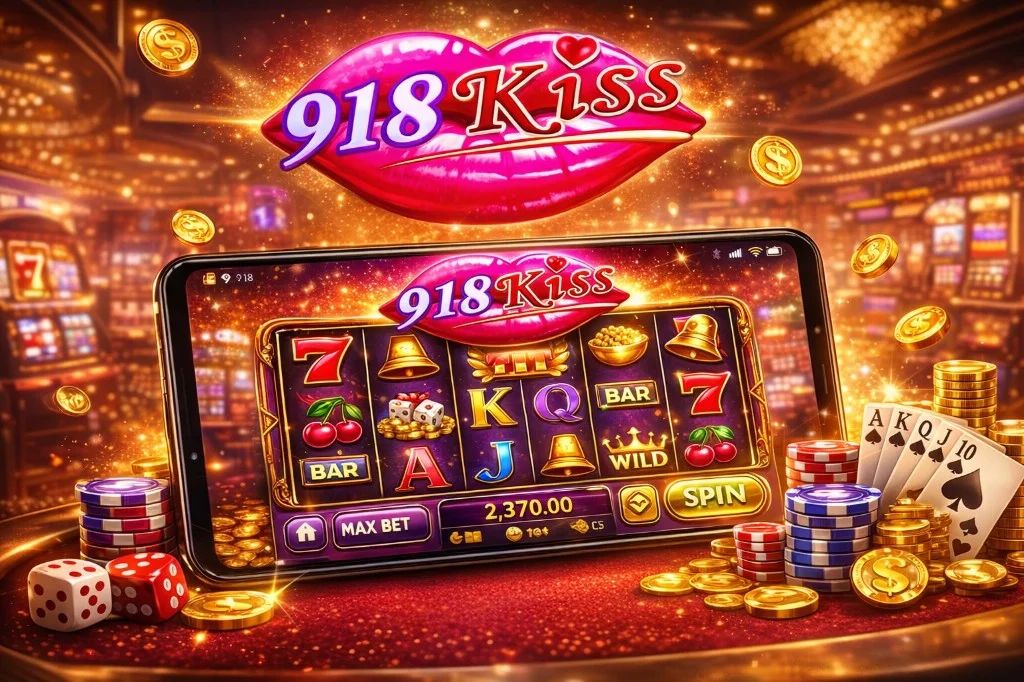Luxe 918Kiss phone slot graphic with 918Kiss logo, chips, dice, gold coins, and a five-reel game — 918Kiss at A66 Malaysia
