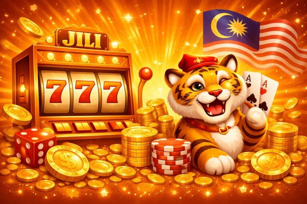 JILI slot machine with 777 win, gold coins, Malaysian flag and tiger mascot celebrating slots play at A66 Malaysia