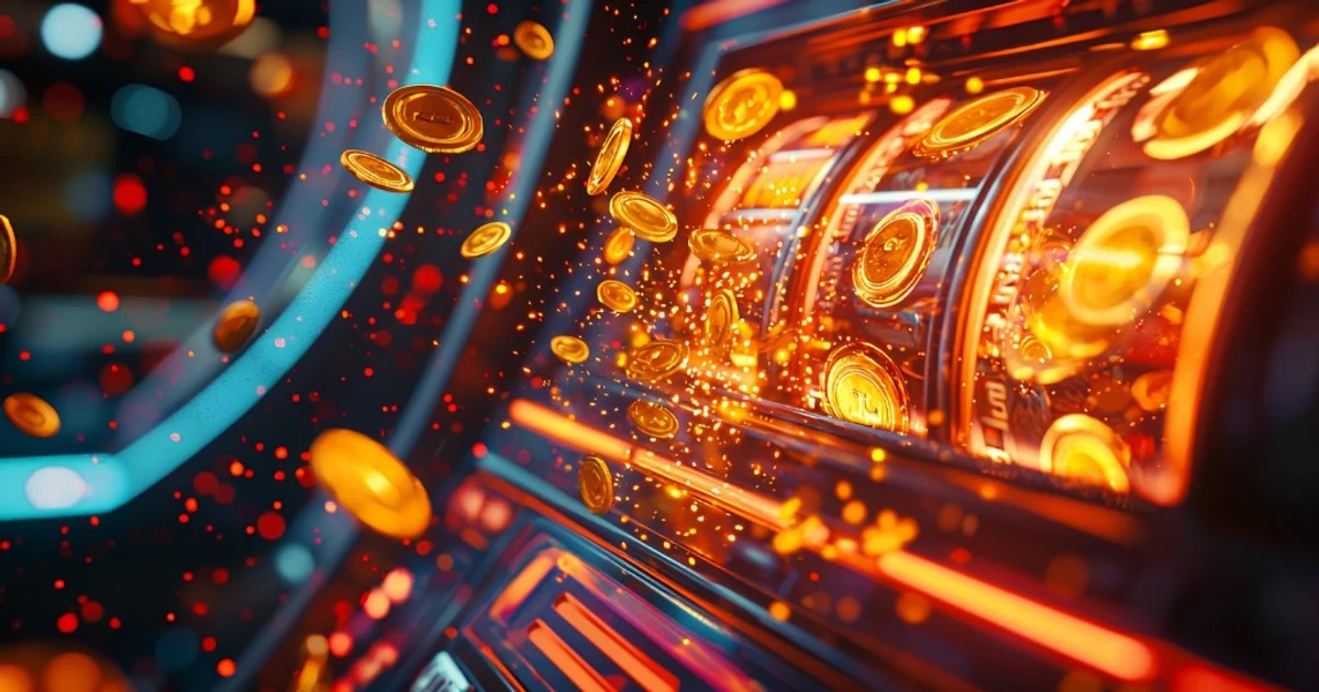 Slot machine jackpot win with flying gold coins and neon casino lights symbolising Mega888 play at A66 Malaysia