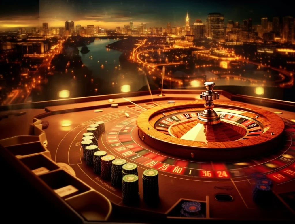 Roulette wheel and stacked casino chips on a premium table with a night city skyline visible through the window